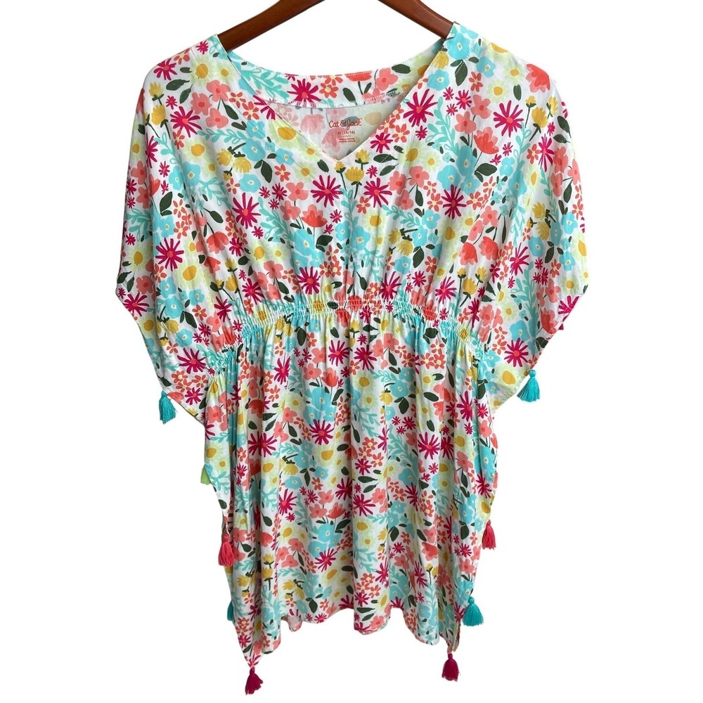 Cat & Jack Floral Kaftan Swim Cover Up Girls Tassel Trim V-Neck White XL 14/16 - Picture 9 of 10